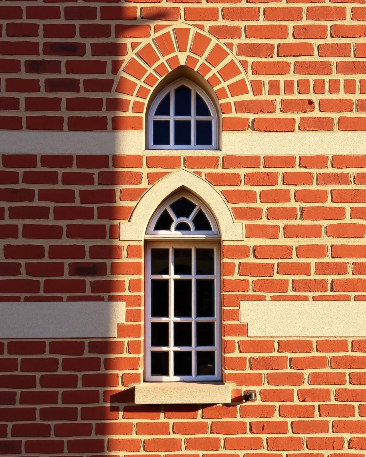 Heritage red brick wall with arched window