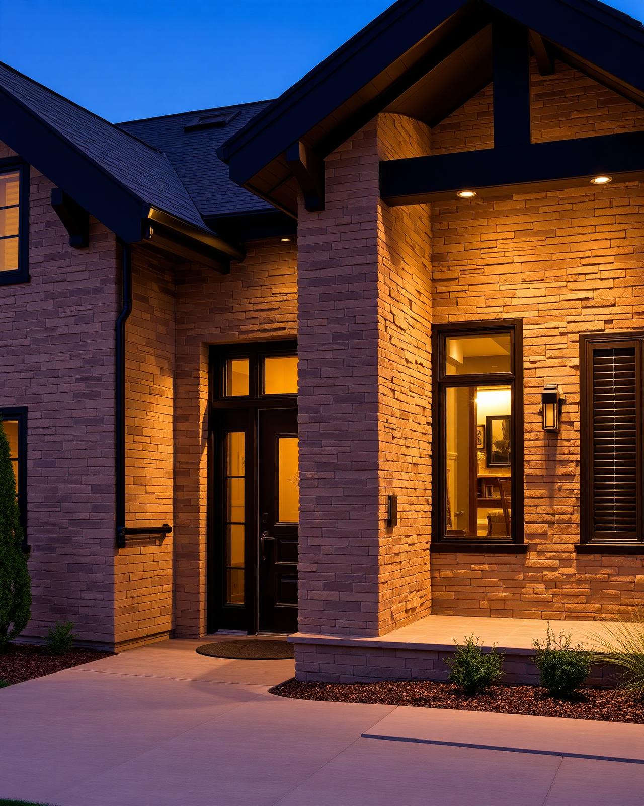 Cultured stone home entrance at dusk
